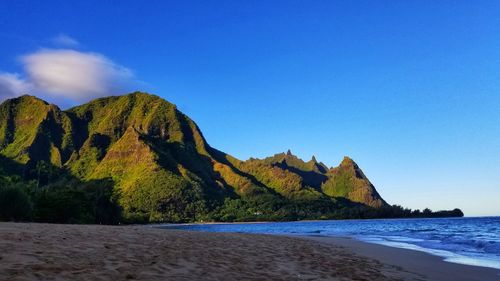 Scenic view of beach against clear blue sky