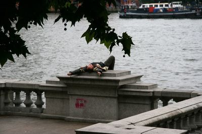 Man sitting by lake against trees