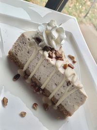 High angle view of dessert in plate on table