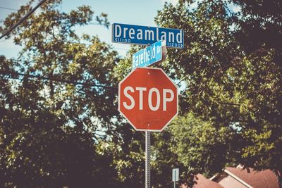 Low angle view of road sign against sky