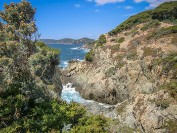 Scenic view of sea and mountains against sky