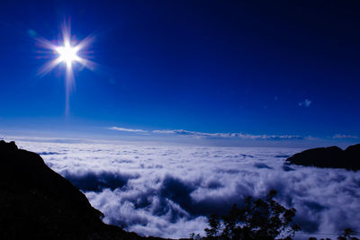 Scenic view of silhouette mountains against blue sky