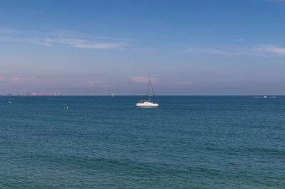 Sailboat sailing on sea against sky