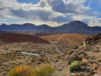 Scenic view of landscape and mountains against sky