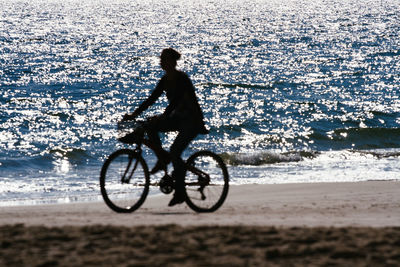 Silhouette of people riding bicycle on beach