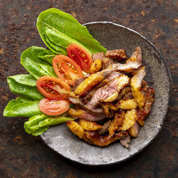 High angle view of food in plate on table