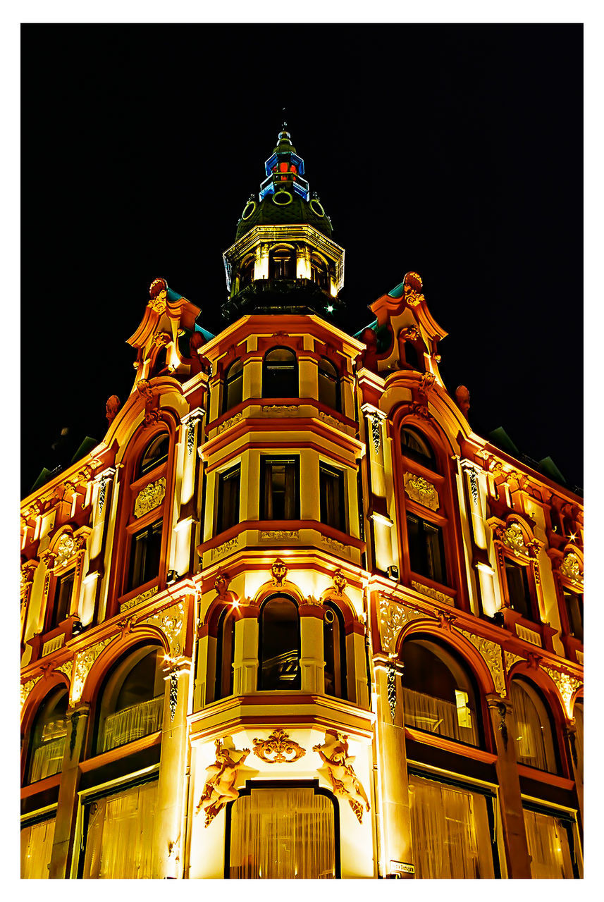 architecture, building exterior, built structure, low angle view, transfer print, night, illuminated, auto post production filter, facade, clear sky, place of worship, window, city, religion, sky, spirituality, travel destinations, church, history