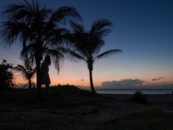 Silhouette palm trees on beach against sky at sunset