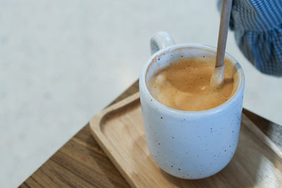 High angle view of coffee on table