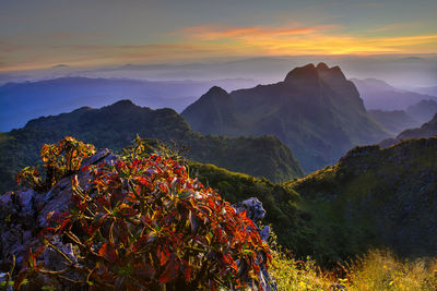 Scenic view of illuminated mountains against sky at sunset