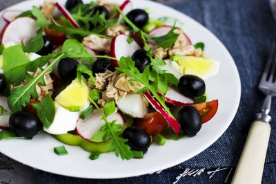 High angle view of salad served in plate