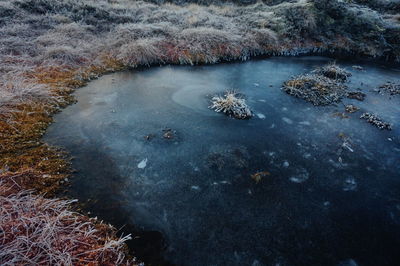 High angle view of rocks in water against sky