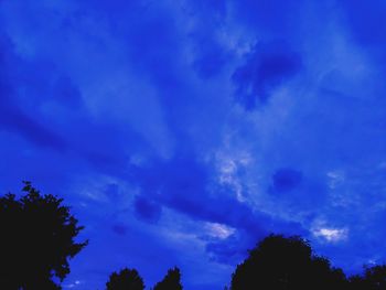 Low angle view of silhouette trees against blue sky