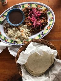 High angle view of food served on table