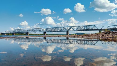 Reflection of the railway bridge in the river on a sunny day