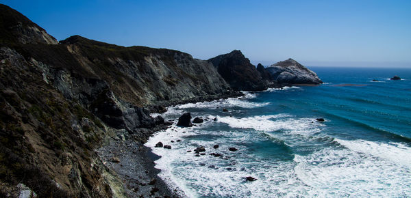 Scenic view of sea against clear blue sky