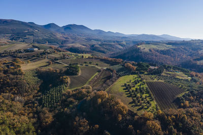Aerial view of beautiful countryside with mountains in baschi, umbria, italy.