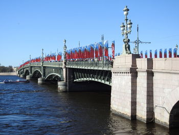 Bridge over river against sky in city