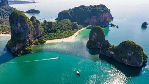 Scenic view of sea and mountains at aonang, railay, krabi, thailand 