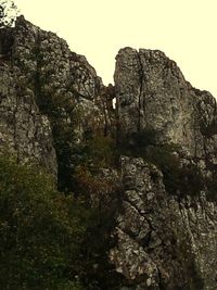 Low angle view of rock formation amidst trees against sky