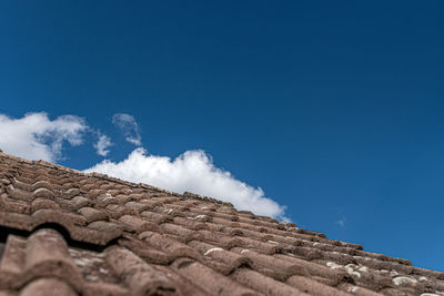 Low angle view of building roof against blue sky