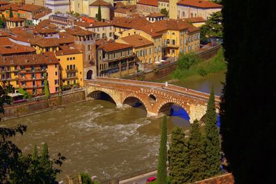 Bridge over river with buildings in background