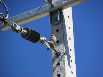 Low angle view of chain against clear blue sky