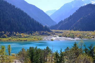 Scenic view of lake and mountains against sky