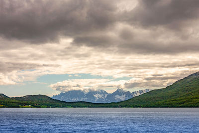 Scenic view of lake and mountains against sky