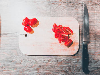 High angle view of red chili peppers on table