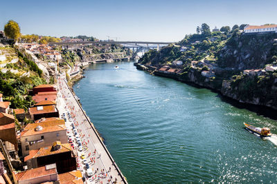 High angle view of river in city on sunny day