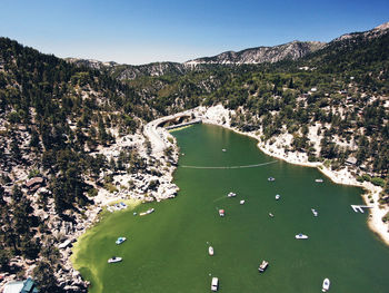 High angle view of lake and mountains