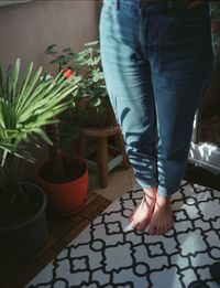 Low section of woman standing on potted plant at home