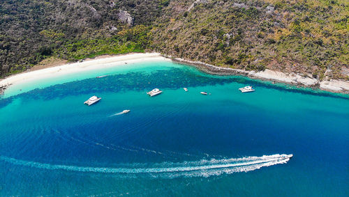 High angle view of boats in sea