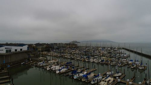 High angle view of boats moored in harbor