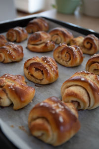 High angle view of fresh baked cinnamon rolls