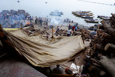 High angle view of boats moored at shore