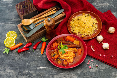 High angle view of various vegetables on table