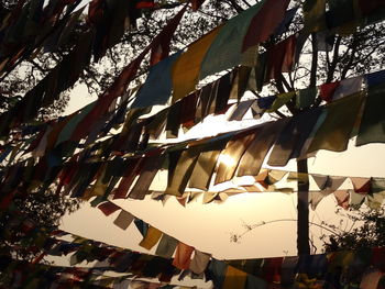 Low angle view of flags hanging from roof