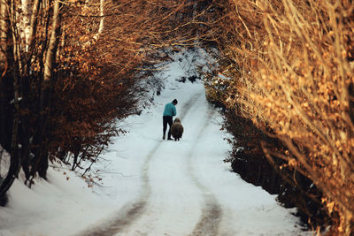 Rear view of man with animal walking on snow covered footpath
