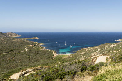 High angle view of sea against clear sky