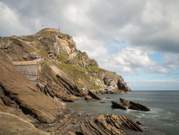 Rock formations by sea against sky