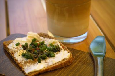 Close-up of breakfast served on table