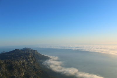 Scenic view of sea and mountains against blue sky