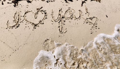 High angle view of text on beach