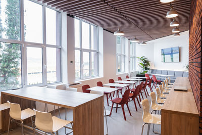 Empty chairs and tables in cafe