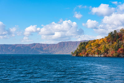 Lake towada utumn foliage scenery. towada-hachimantai national park in tohoku region. aomori, japan.