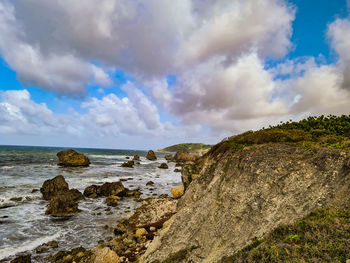 Scenic view of rocks on beach against sky