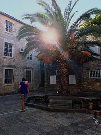 Rear view of man and woman walking on palm tree