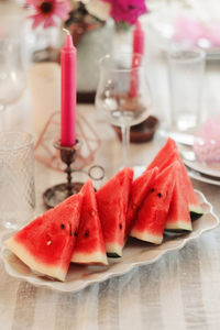 Close-up of fruits in plate on table